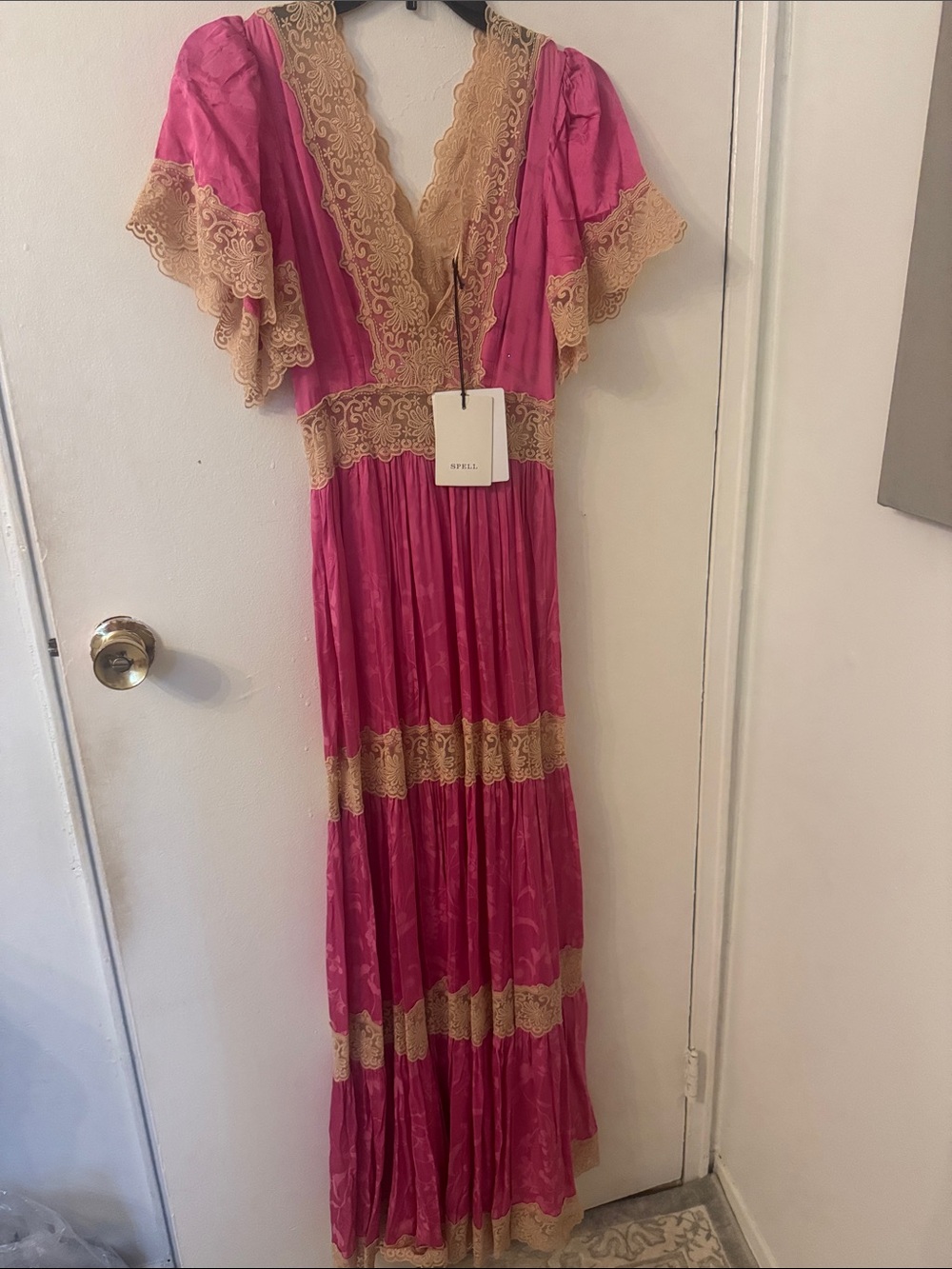 Spell Fuchsia Maxi Dress with Beige Lace Trim